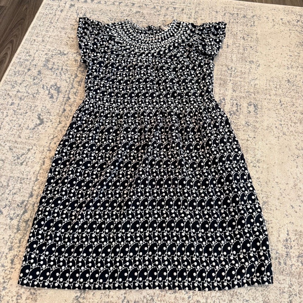 NWT LOFT Womens Black White Eyelet Smocked Flutter Sleeve Dress Size M